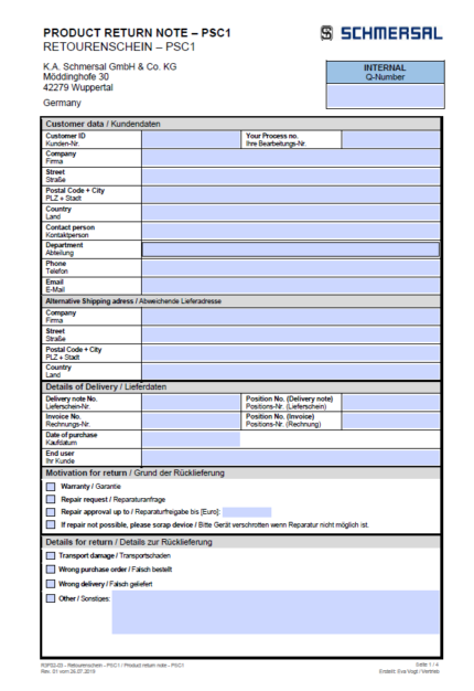 Schmersal Return Note PROTECT PSC1 Return slip