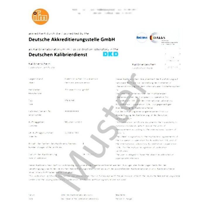 IFM DAkkS-Kalibrierung Druck Calibration certificate for pressure sensors