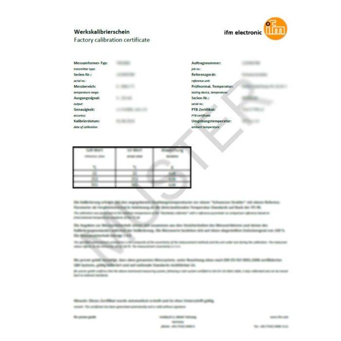 IFM ISO-Kalibrierung Temp. 3-Pkt ISO calibration certificate for temperature sensors 3-point